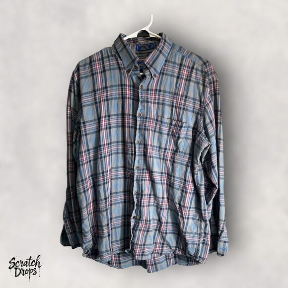 Vintage Y2K Wool Shirt Men Large Plaid Ripped Grunge Long Sleeve Button Down V08 - Picture 1 of 4